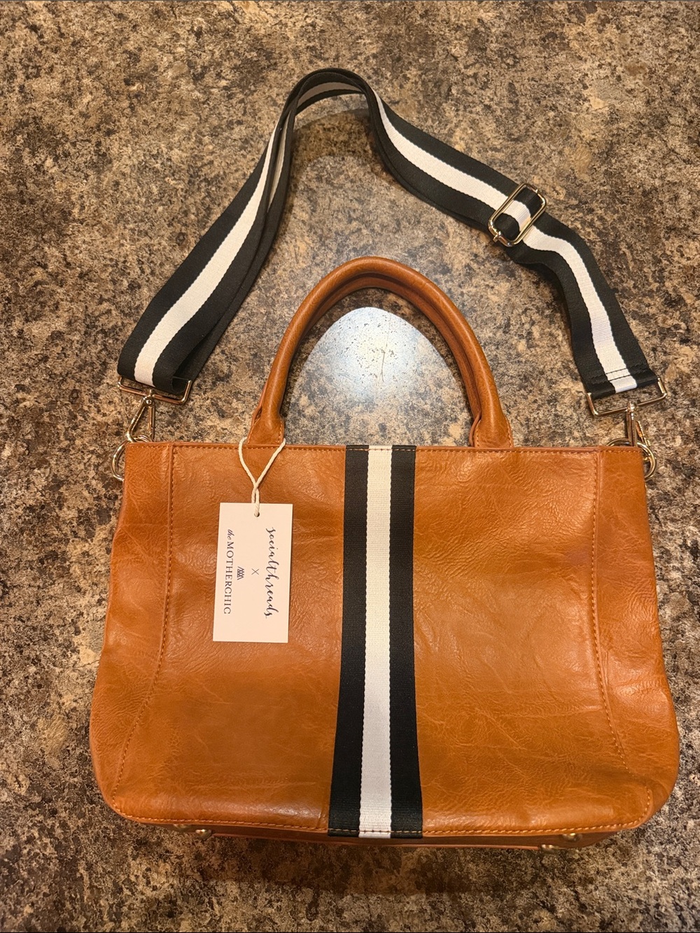 Social Threads - Tan Leather Tote with Black & White Stripe